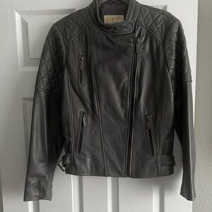 Michael Kors Dark Gray Leather Jacket with Quilted Shoulders